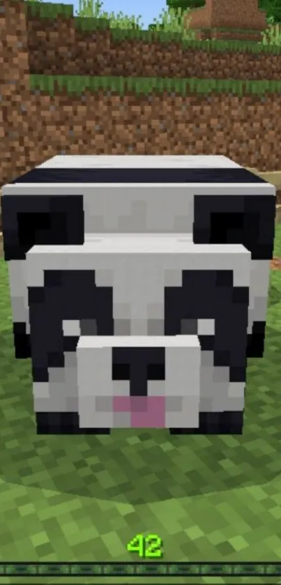 Pixelated panda in Minecraft's grassy area wallpaper.