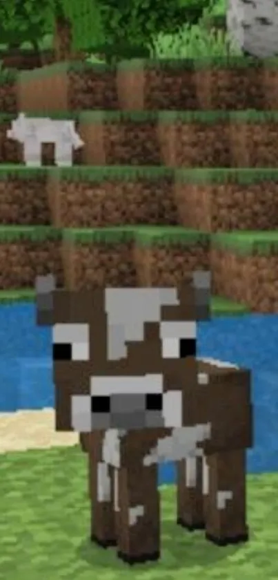 Pixelated cow in a grassy Minecraft landscape near water.