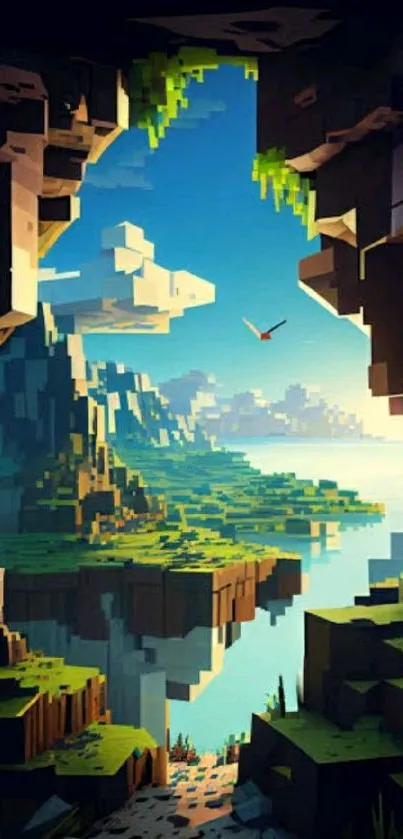 Pixelated island view with vibrant sky and lush landscapes.