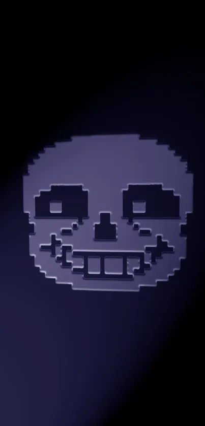 Pixelated skull artwork on dark wallpaper background.