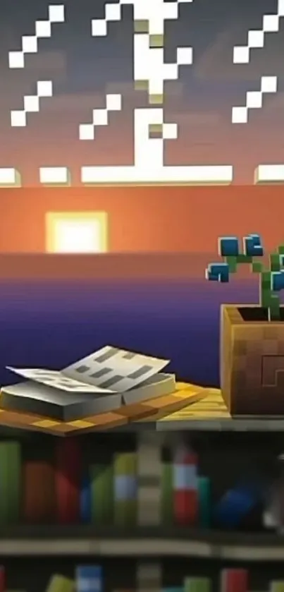 Pixel art wallpaper featuring a sunrise, book, and potted plant.