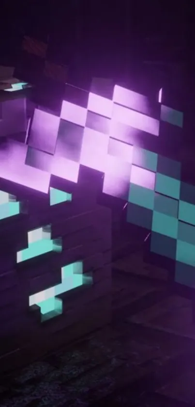 Pixelated sword glowing in neon purple and teal on a dark background.