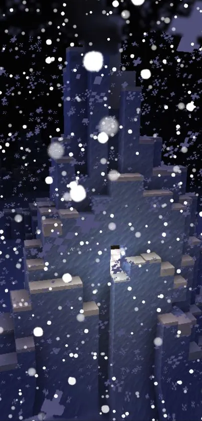 Pixelated winter scene with falling snowflakes on dark blue background.