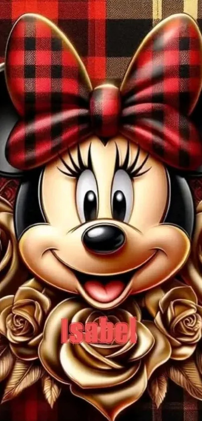 Cartoon character with plaid bow and roses.