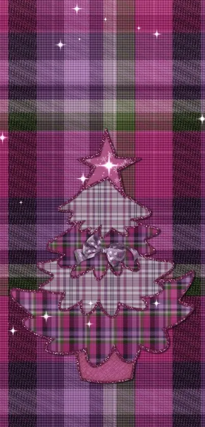 Plaid Christmas tree wallpaper with magenta and green hues for festive decor.