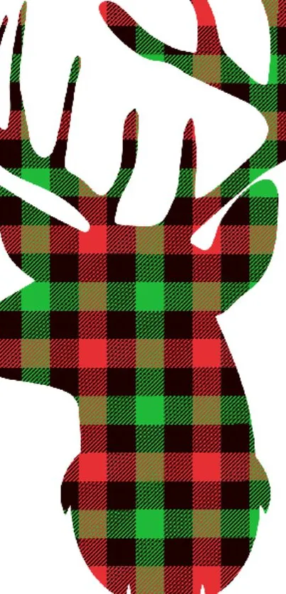 Plaid deer silhouette in red and green on a white background, perfect for mobile wallpaper.