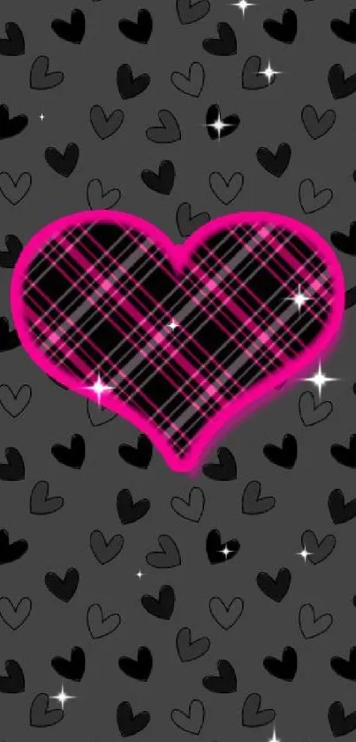 Plaid heart with neon glow on dark background wallpaper.