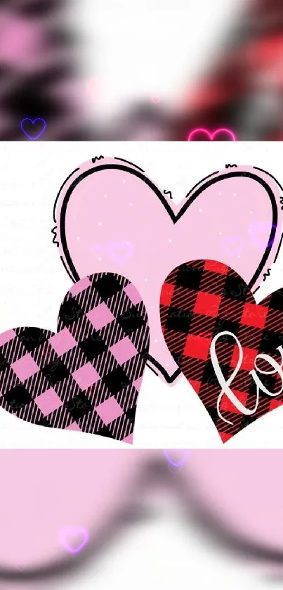 Plaid hearts with love text on pink wallpaper.