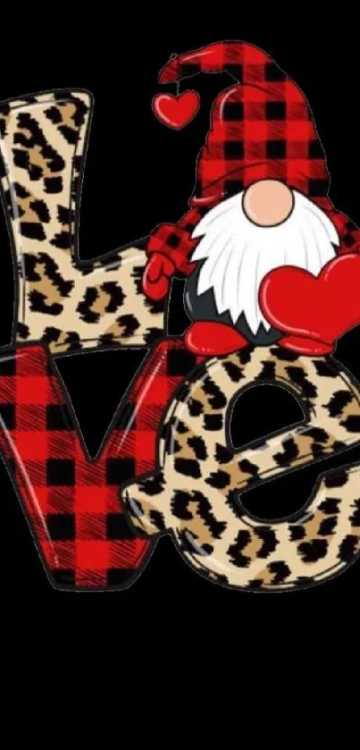 Plaid gnome with leopard print letters spelling Love on black background.