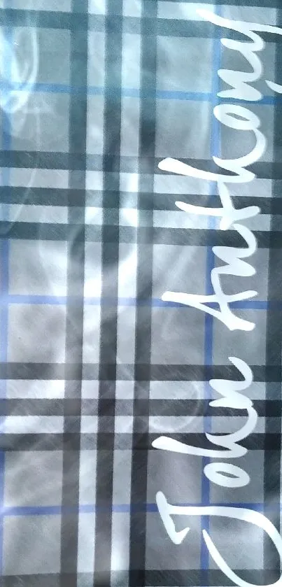 Mobile wallpaper with a stylish plaid design in dark gray, blue, and white tones.