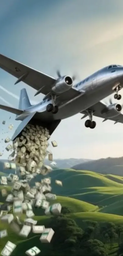 Airplane drops money over lush green landscape.