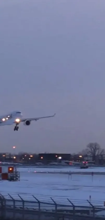 Airplane landing at snowy airport during dusk with blue-gray sky.