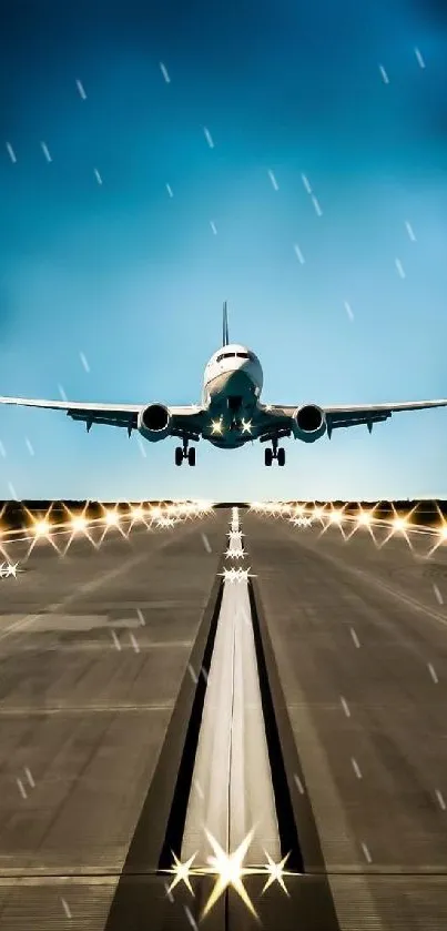 Dynamic wallpaper of plane landing on runway with blue sky backdrop.