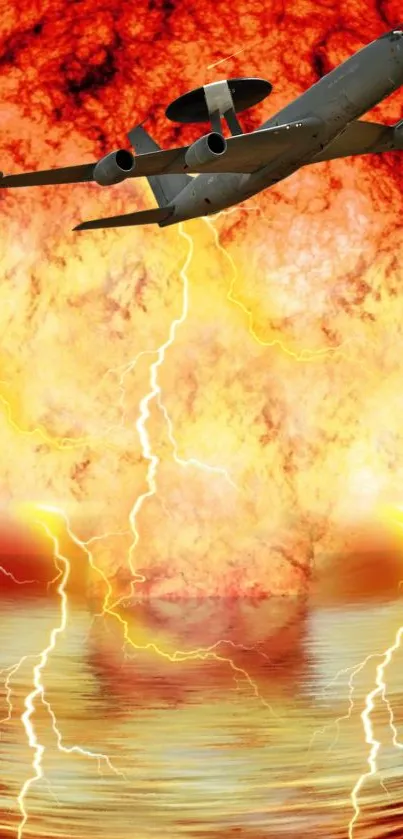 Airplane flies through fiery sky with lightning.