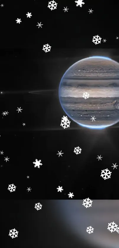 A planet with surrounding snowflakes in space-themed wallpaper.