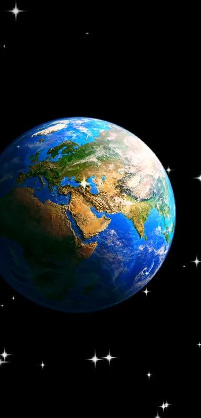 Beautiful view of Earth glowing in space with starry backdrop.