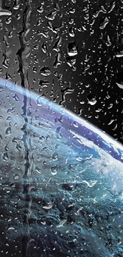 Planet viewed through raindrop-covered window on a mobile wallpaper.