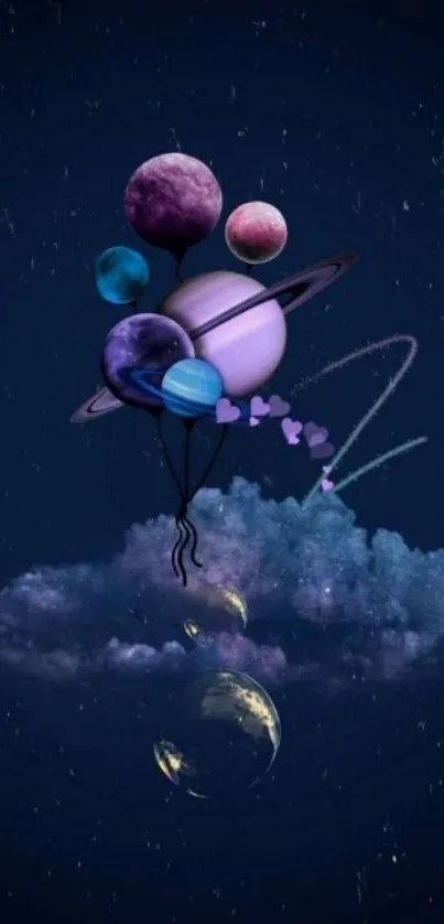 Surreal wallpaper with planets as balloons in a cosmic night sky.