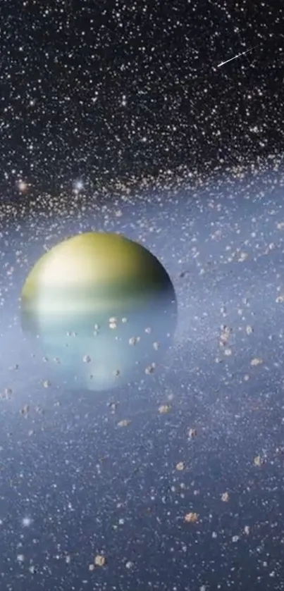 Planet surrounded by stars and asteroids in cosmic wallpaper.