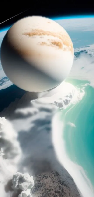 Cosmic planet hovering over a blue ocean with white clouds, creating a fantasy scene.