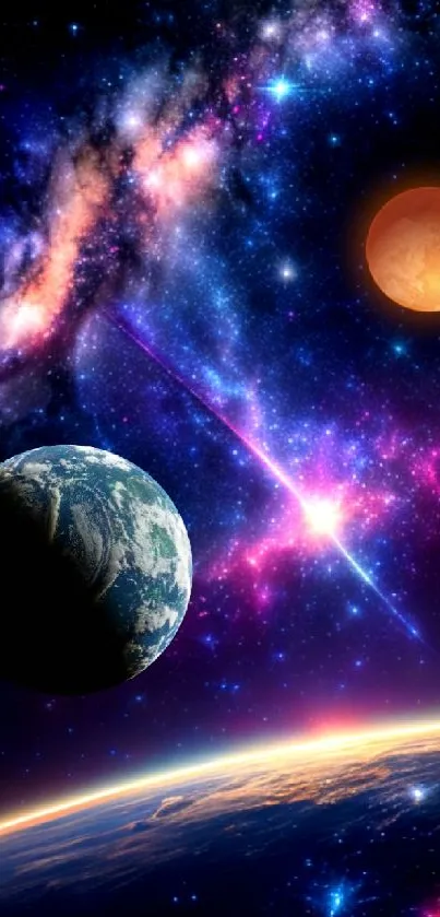 A vibrant space wallpaper featuring planets and a glowing galaxy.