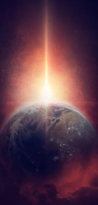 Planetary sunrise mobile wallpaper with cosmic light.