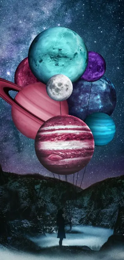 Mobile wallpaper of planets floating like balloons in a cosmic night sky.