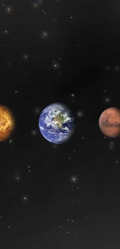 Three planets aligned in outer space with starry background.