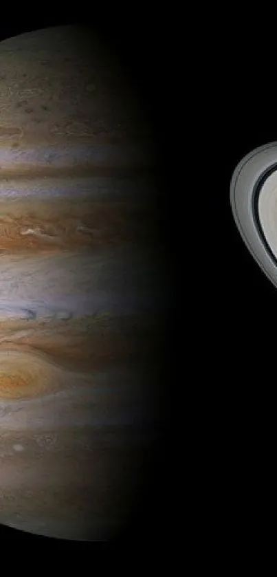 Jupiter and Saturn on a dark mobile wallpaper, showcasing celestial beauty.