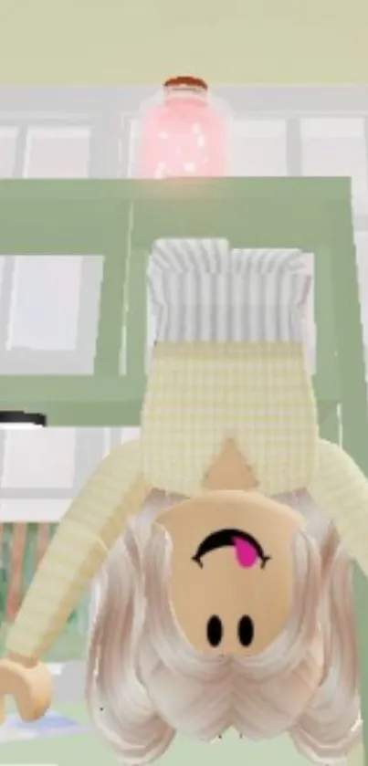 3D character hanging upside down in a pastel-themed room.