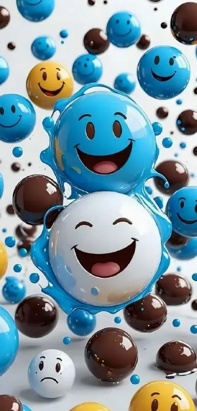 Vibrant 3D smiley spheres wallpaper in blue and yellow.