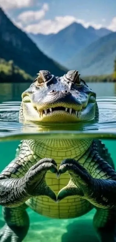 Playful alligator making heart shape in a lake.