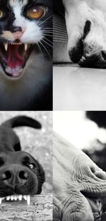 A collage of expressive animal faces in black and white tones.