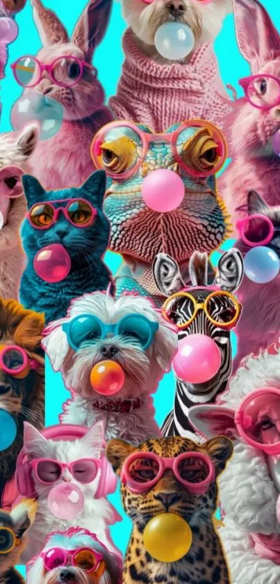 Quirky animals wearing sunglasses blowing bubble gum on a colorful background.