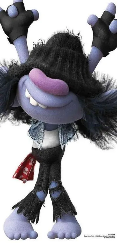 Vibrant cartoon character in dark attire posing happily.