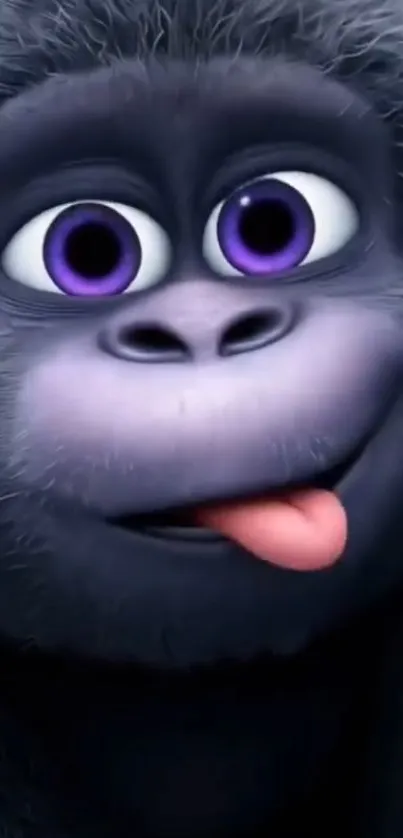 Cartoon gorilla with purple eyes and tongue sticking out.