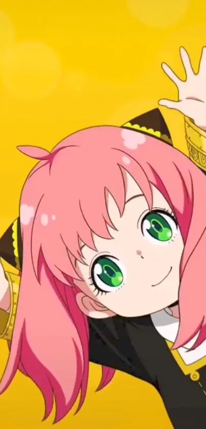 Playful anime girl with pink hair on a vibrant yellow background.