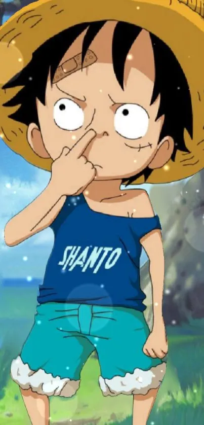 Cartoon character Luffy on a sunny beach.