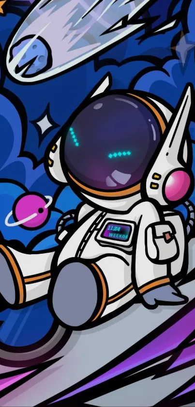 Cartoon astronaut with stars and planets in a colorful space theme.