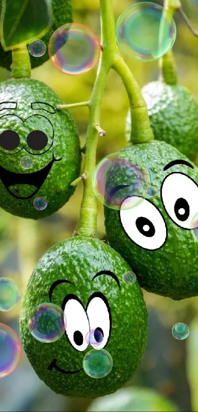 Cartoon avocados with smiling faces on a green leafy background.