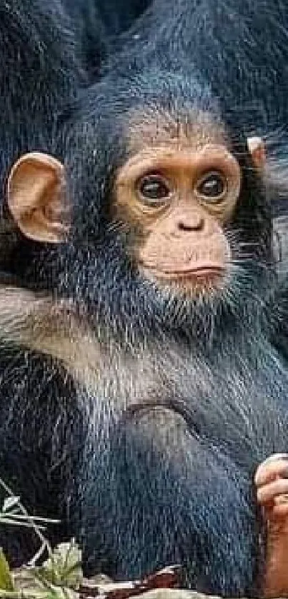 Cute baby chimpanzee sitting in a jungle setting.