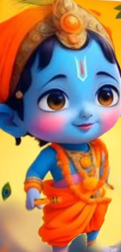 Vibrant Baby Krishna in colorful attire with orange and blue hues.