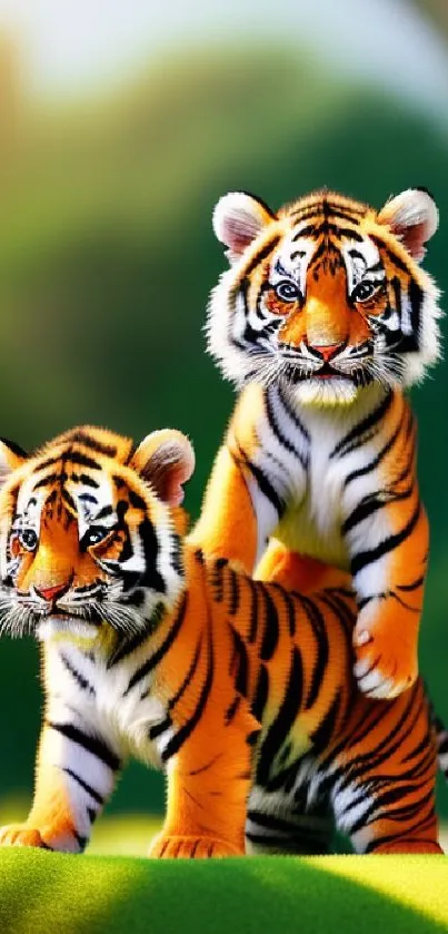 Two playful baby tigers on a green field in a jungle setting.