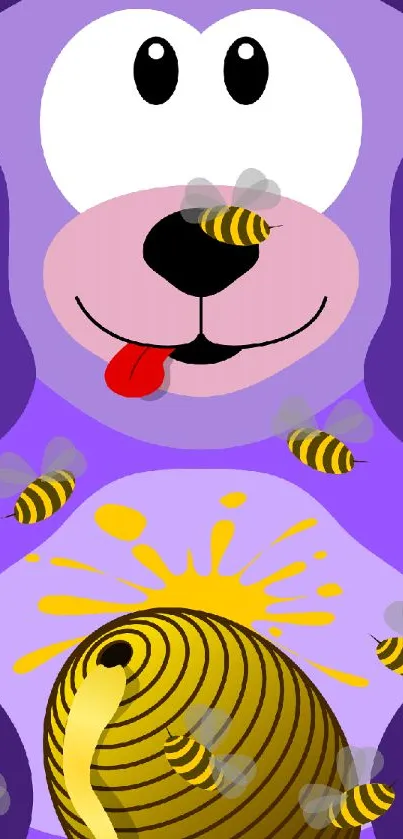 Playful cartoon bear with honey and bees on a purple background.