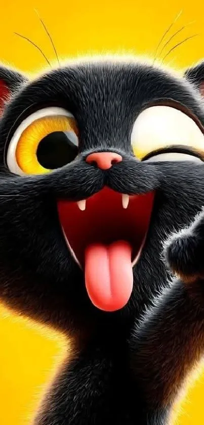 Playful black cartoon cat making a funny face on a yellow background.