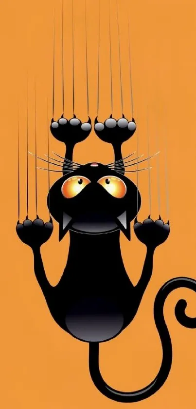 Playful black cat on orange background wallpaper.