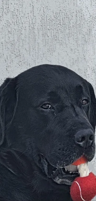 Black Labrador holding a red ball with a textured gray background.