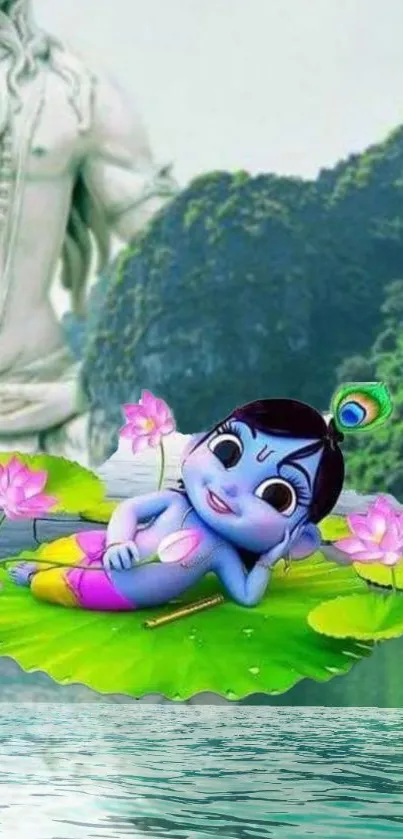 Blue baby deity on lotus, surrounded by water and greenery.