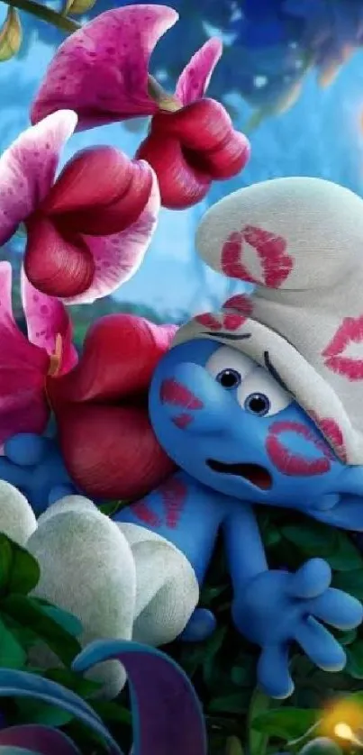 Playful blue character in a colorful flower-filled scene.