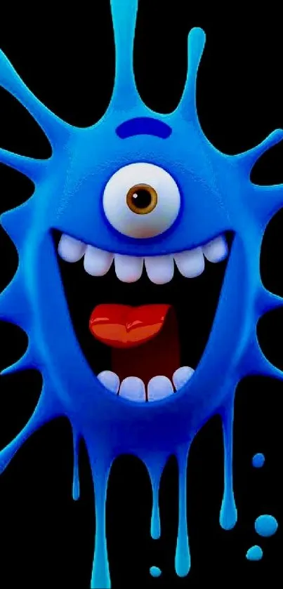 Playful blue monster with a single eye on a dark background.